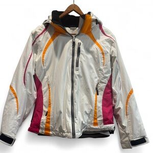 Obermeyer | Women’s White Ski Jacket with Pink and Orange Accents |10